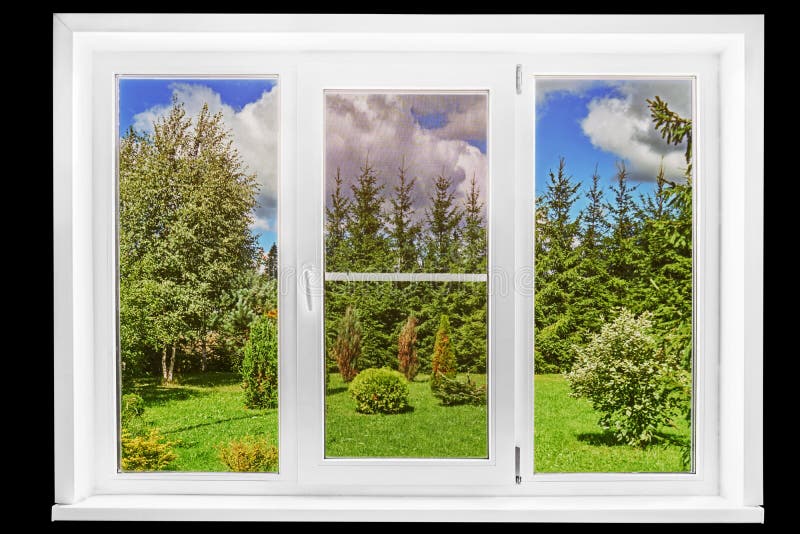 Garden view from a country house window in a sunny summer day isolated on the black royalty free stock photos Garden view from a country house window in a sunny summer day isolated on the black royalty free stock photos