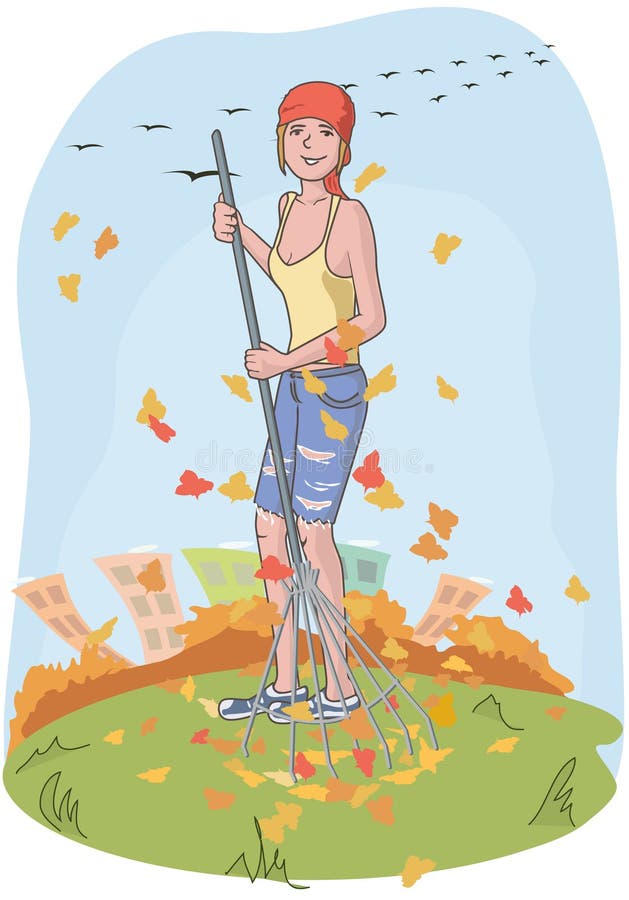 Gardener Girl Raking Fall Leaves Stock Vector - Illustration of happy ...