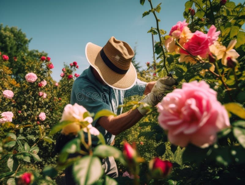 A Gardener in a Hat is Trimming or Pruning a Rose Bush. AI Generative  Image. Stock Illustration - Illustration of freshness, flower: 276836455