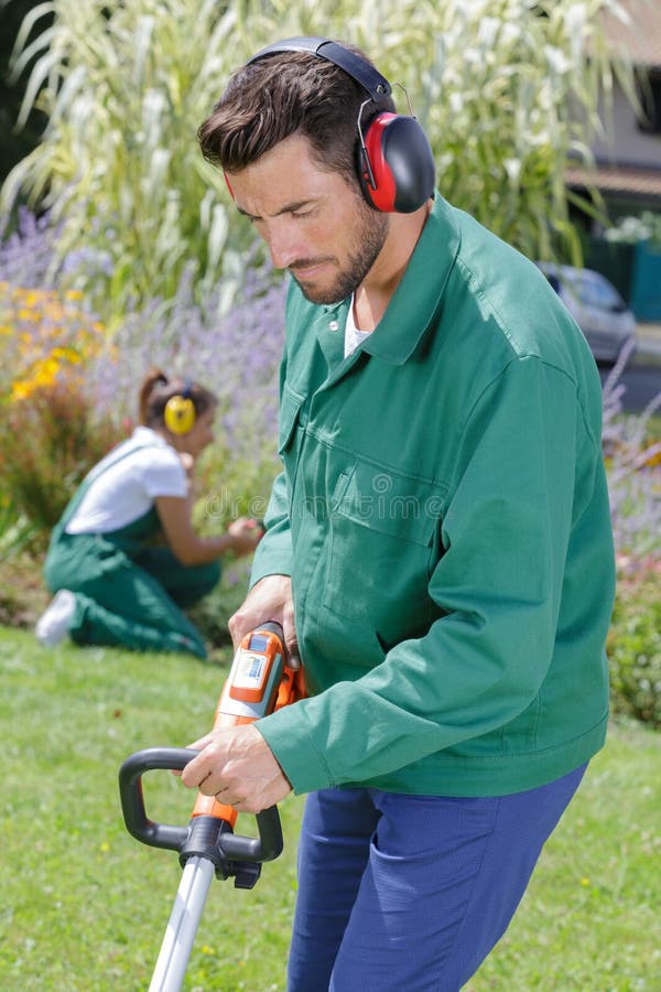 Gardener Male Mow Grass with Lawn Mower Stock Image Image of