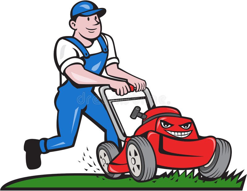 Gardener Mowing Lawn Mower Cartoon Stock Vector - Illustration of front