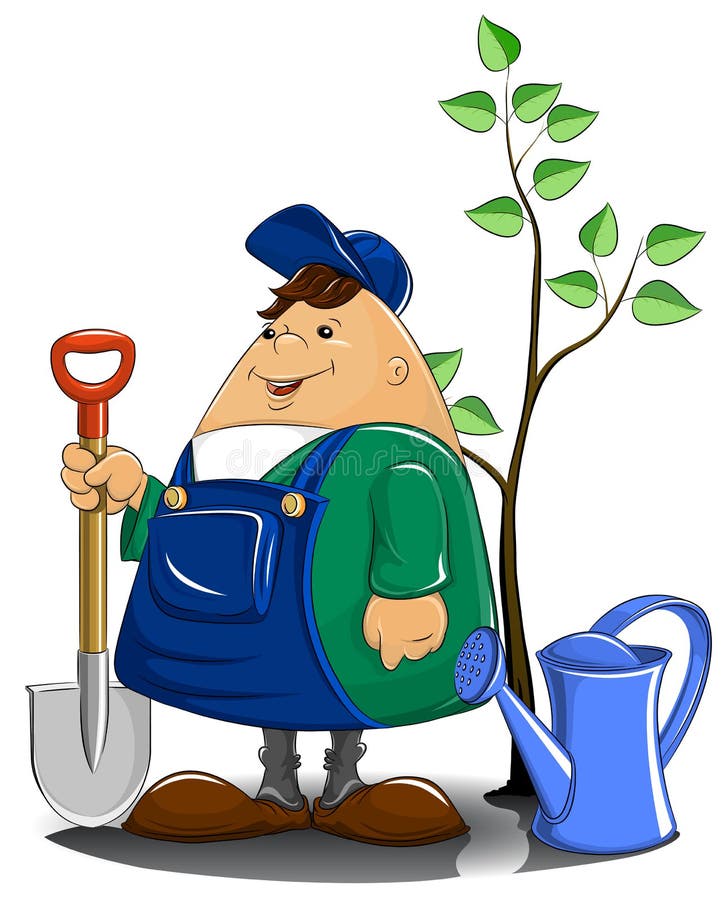 Gardener with spade watering can and tree