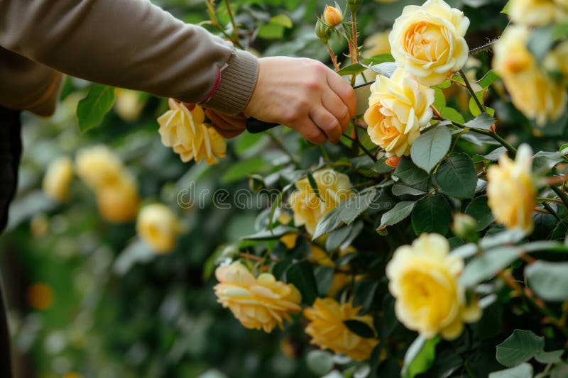 Gardener trimming a yellow rose bush royalty free stock photography