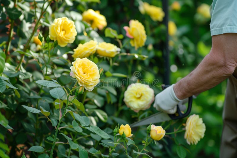 Gardener trimming a yellow rose bush stock photo