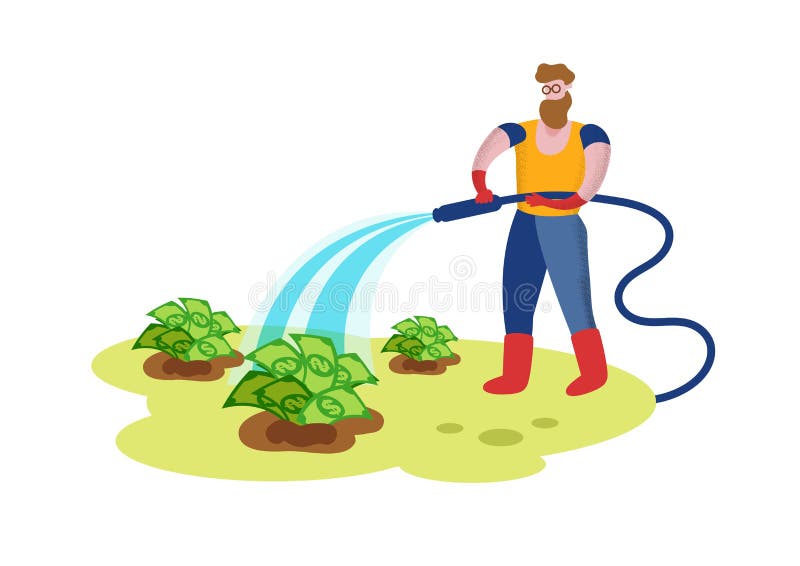 Gardener Watering Garden Bed with Dollar Bills