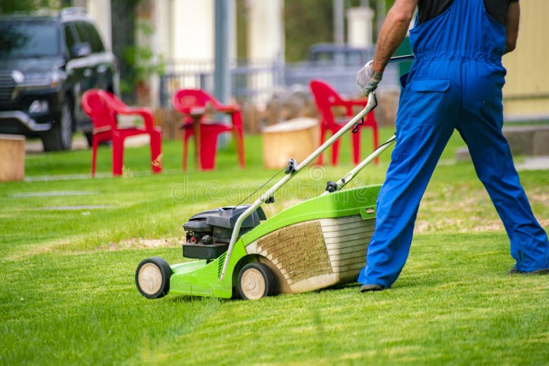 Gardener Worker Cutting Grass with Mower in the Backyard Lawn Fields