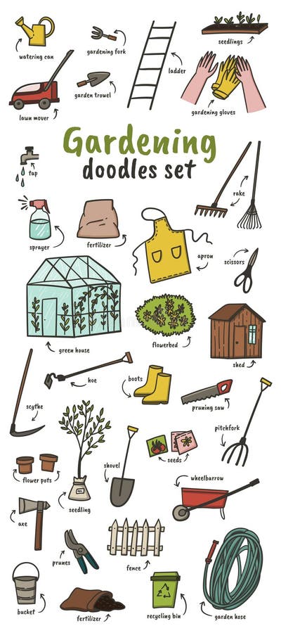 Gardening Doodles Set Hand Drawn Cartoon Style Vector Illustration ...