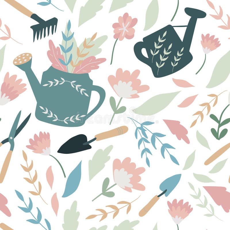 Gardening Flat Vector Seamless Pattern. Beautiful Handcrafted Summer