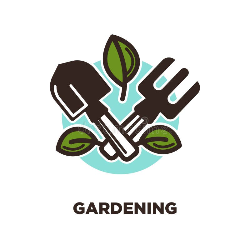 gardening logo design spade rake green leaves background blue spot garden instruments advertisement logotype 87087534