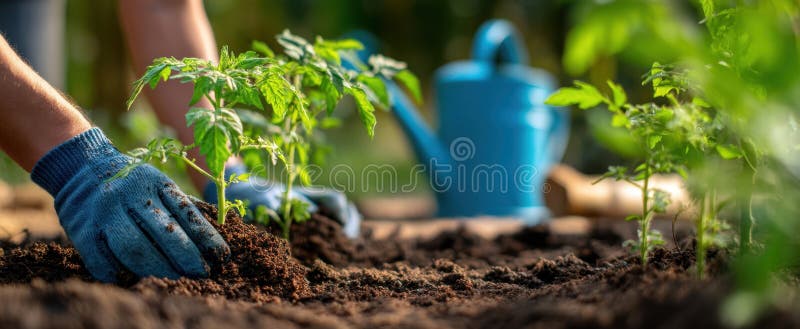 The gardening process with hands planting young tomato seedlings in rich soil.. image royalty free stock images.