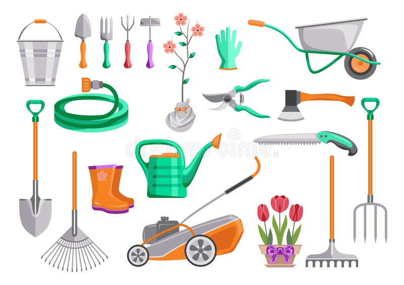 Gardening Tools Set. Vector Isolated Flat Cartoon Illustration, Icons.  Stock Vector - Illustration of horticulture, gloves: 170332710