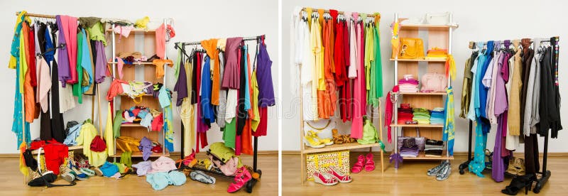 Untidy cluttered woman dressing with clothes and accessories vs. closet color coordinated on hangers and shelf. Untidy cluttered woman dressing with clothes and accessories vs. closet color coordinated on hangers and shelf.