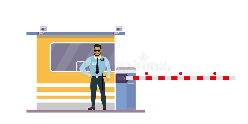 Gardien De Sécurité Masculin En Cabine, Porte Avec Barrière Et Voiture Bleue  Illustration de Vecteur - Illustration du matériel, bleu: 162262261