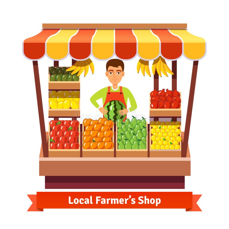 Local farmer produce shop keeper. Fruit and vegetables retail business owner working in his own store. Flat style illustration. Local farmer produce shop keeper. Fruit and vegetables retail business owner working in his own store. Flat style illustration.
