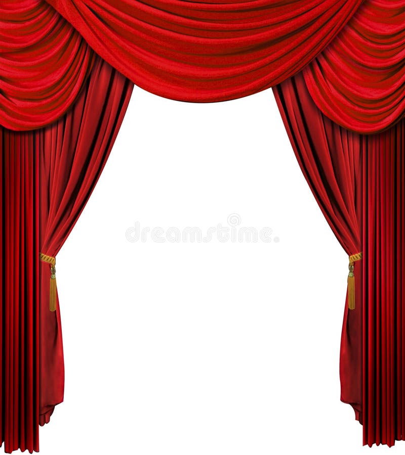 Old fashioned theater stage velvet curtain over white background. Old fashioned theater stage velvet curtain over white background.