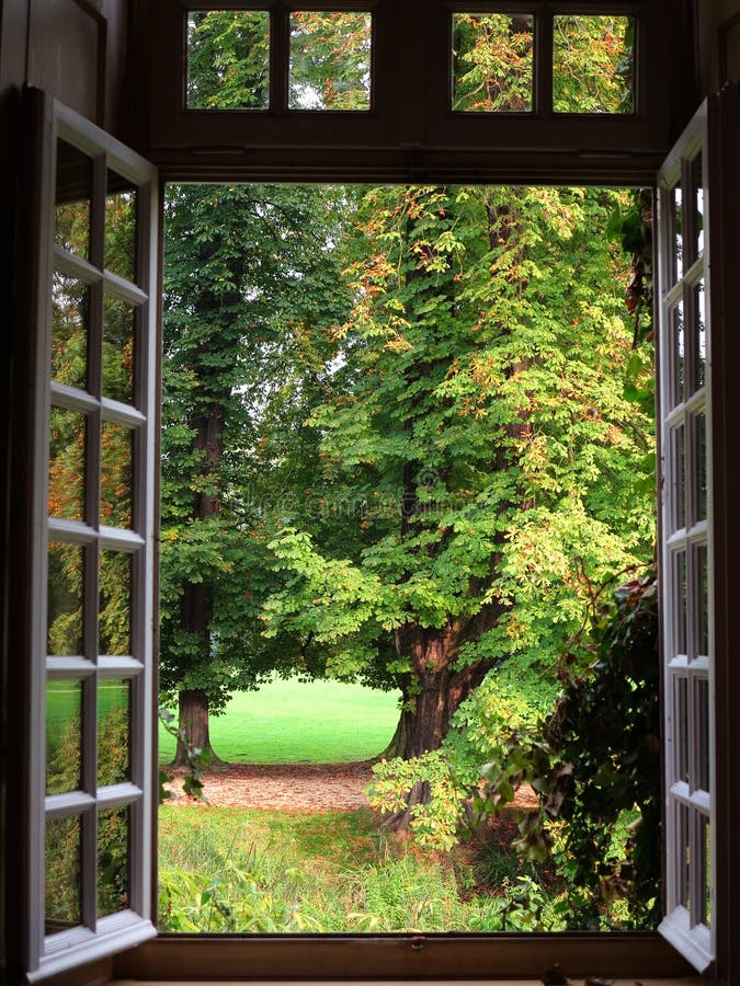 Garez La Vue De Paysage Encadrée Dans La Fenêtre Ouverte Du Manoir