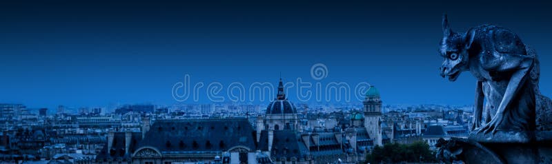 Gargoyle chimera of Notre Dame de Paris on Halloween, France