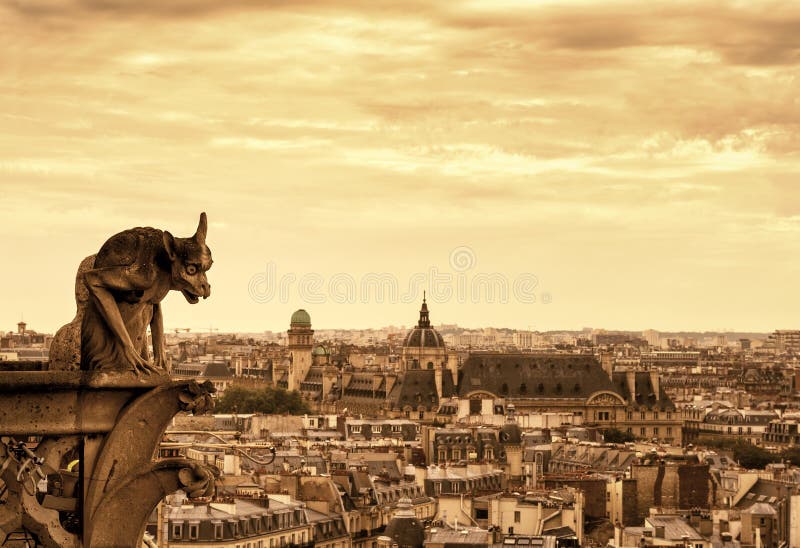 Gargoyles of the Cathedral of Notre Dame de Paris overlooking Pa