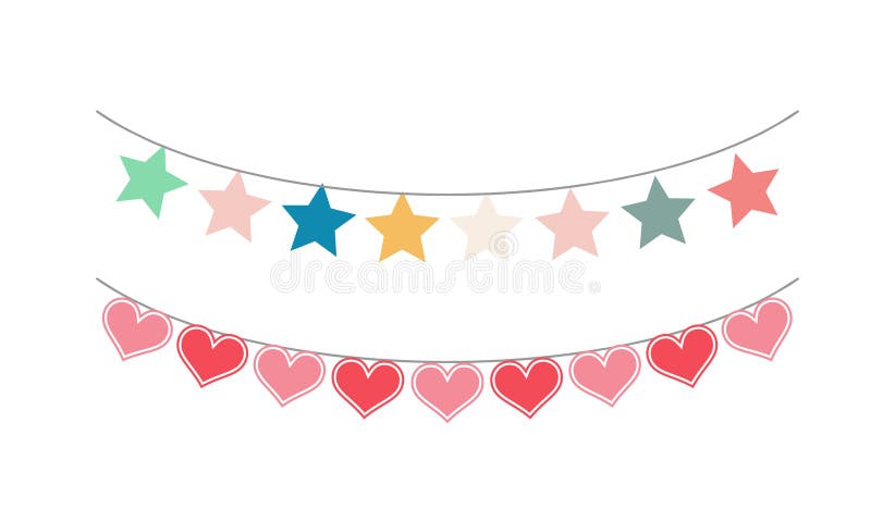 Garland colorato con cuori e stelle sullo sfondo bianco. Una ghirlanda colorata con cuori e stelle esposte su uno sfondo bianco. Questa immagine rappresenta un giardino decorativo adatto a diversi progetti di design