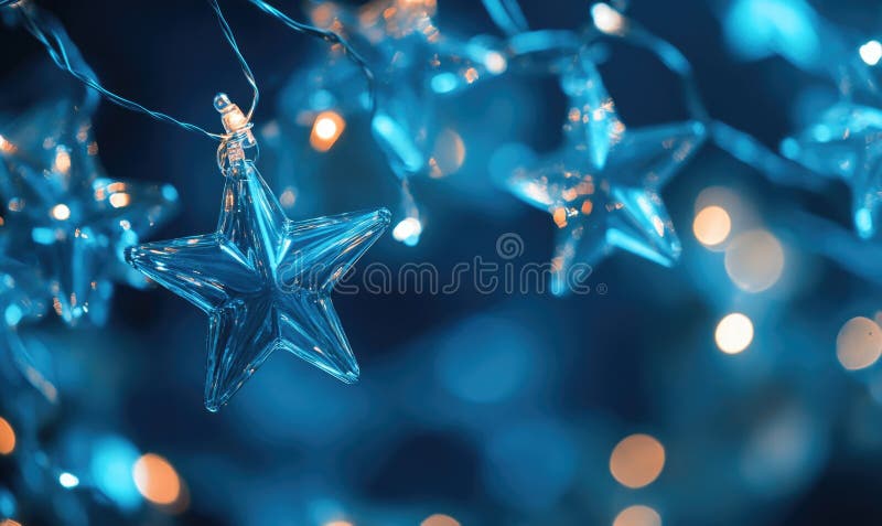 Garland of glass stars, cold blue light royalty free stock image