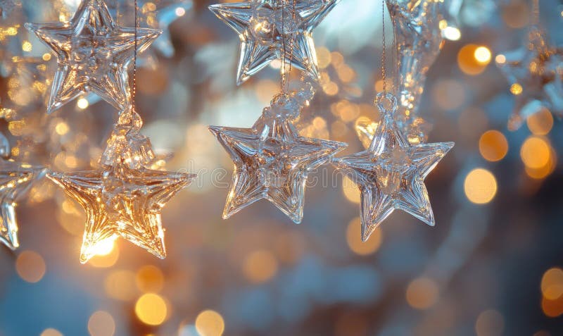Garland of glass stars, cold blue light royalty free stock photo