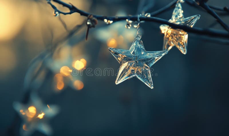 Garland of glass stars, cold blue light stock photo