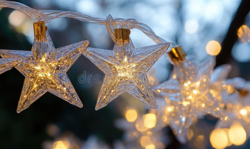 Garland of glass stars, cold blue light royalty free stock image