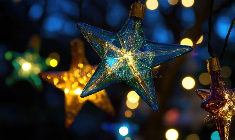 Garland of glass stars, cold blue light royalty free stock image