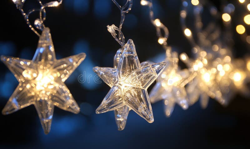 Garland of glass stars, cold blue light stock photography
