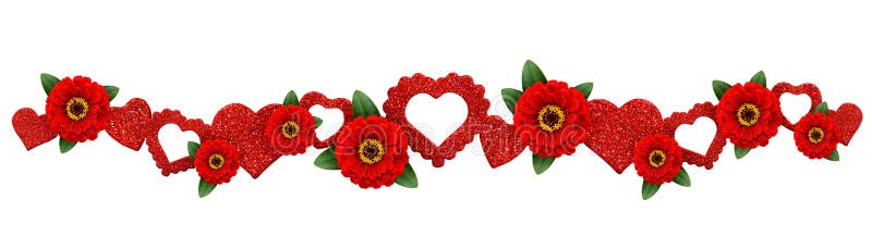 Garland with glitter hearts and red zinnia flowers