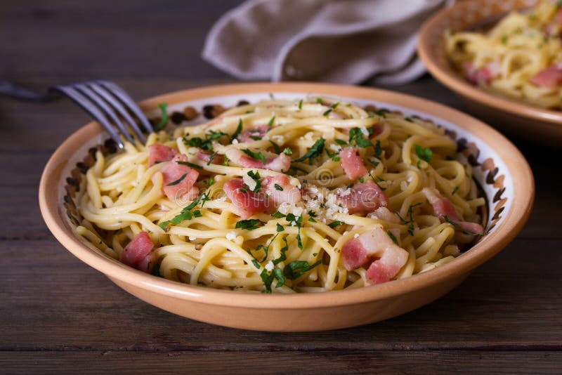 Garlic Bacon Pasta. Italian Food. Stock Image Image of homemade, creamy 180987057