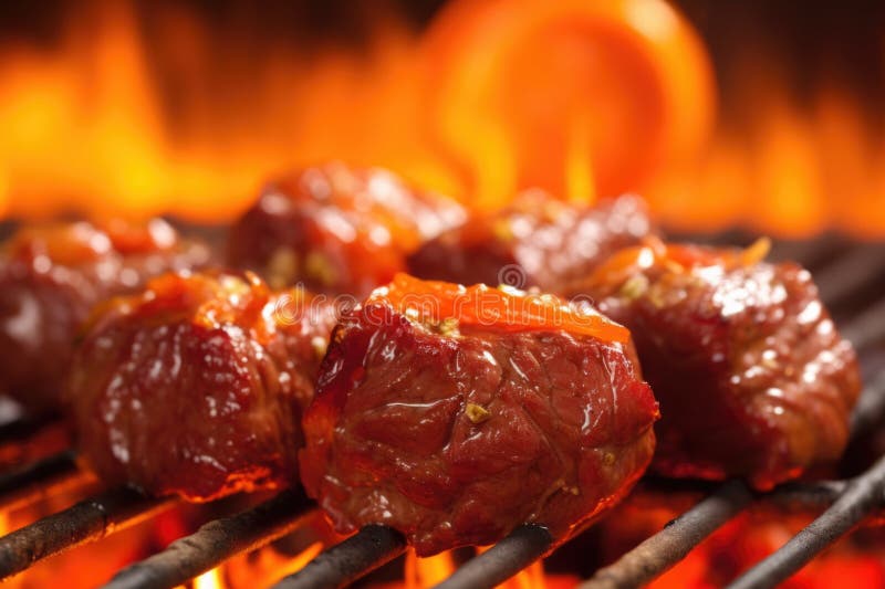 Garlic Bbq Steak Tips Against a Bright Orange Flame Stock Illustration Illustration of food