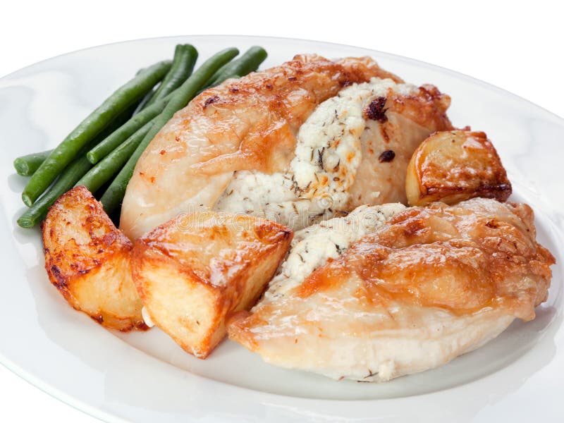 Garlic Chicken with Green Beans and Roast Potatoes Stock Image Image