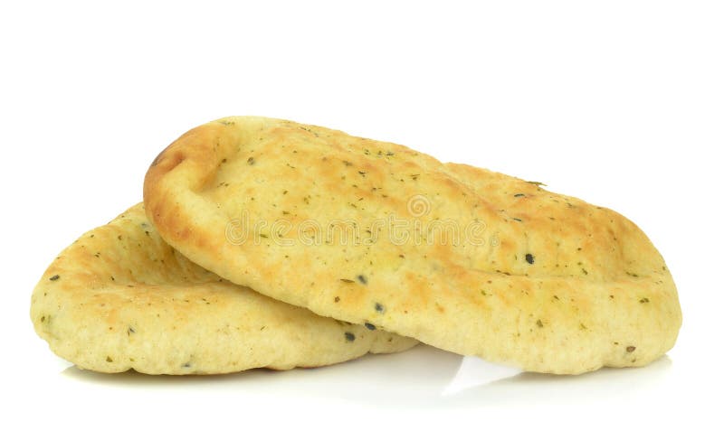 Two pieces of garlic coriander naan bread on a white background