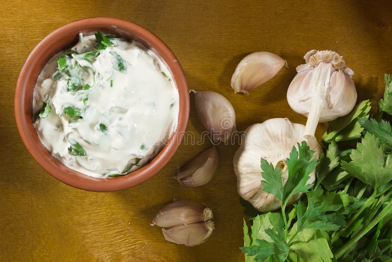Garlic dip sauce stock photo. Image of wood, closeup 92273082