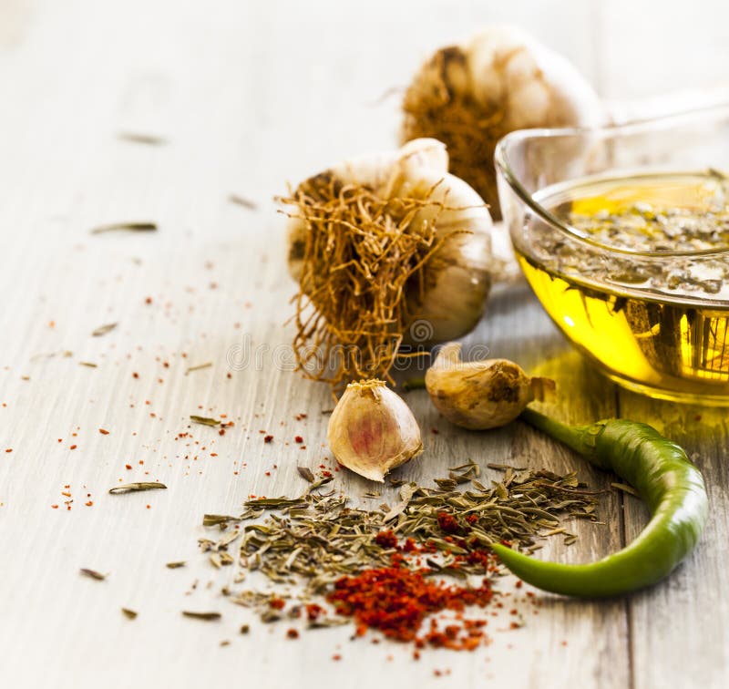 Garlic Olive Oil and Spice Close Up Stock Image Image of onion