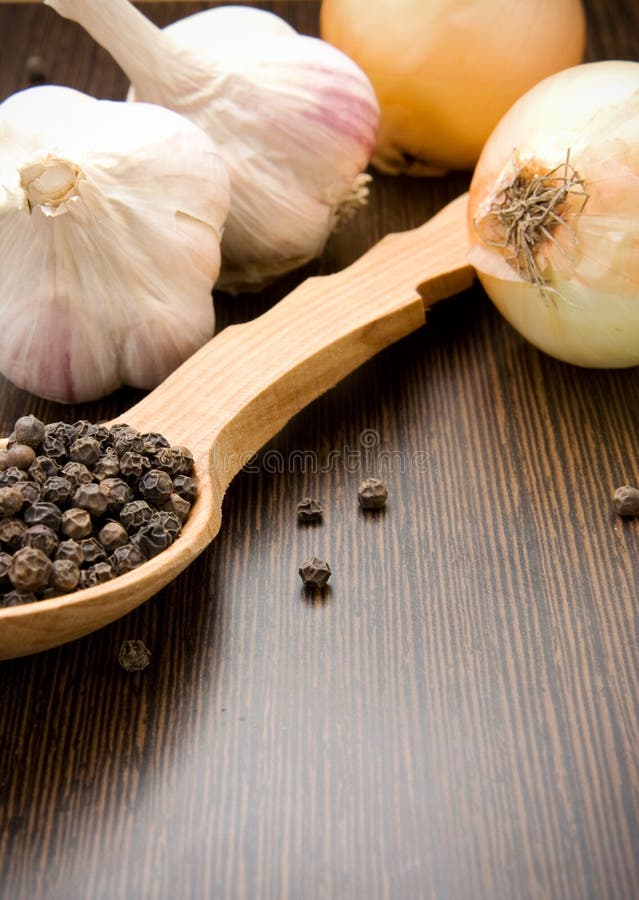 Garlic, Onion And Black Pepper On Spoon Stock Photo Image of healthy