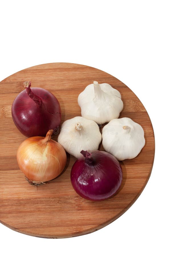Garlic, Onion And Red Onion On Wooden Kitchen Board Stock Image - Image