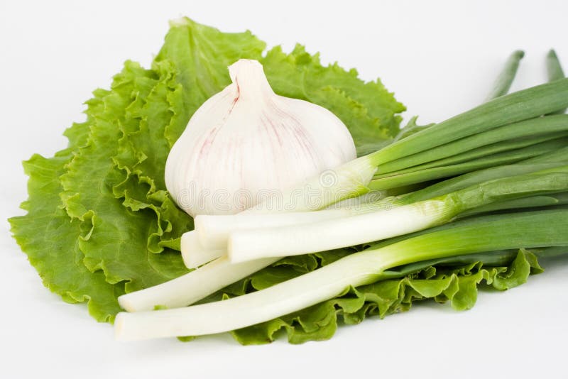 Garlic and spring onions on lettuce