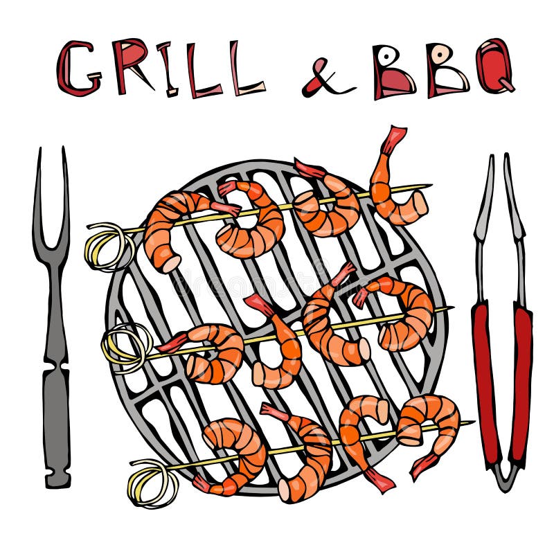 Garnelen-Kebab auf einem BBQ-Grill mit Zangen und Gabel Meeresfrüchte-Grill-Sommerfest Prewen auf hölzernen Bambusaufsteckspindel lizenzfreie abbildung Garnelen-Kebab auf einem BBQ-Grill mit Zangen und Gabel Meeresfrüchte-Grill-Sommerfest Prewen auf hölzernen Bambusaufsteckspindel lizenzfreie abbildung