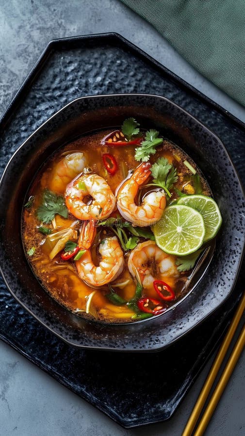 Garnelensuppe mit Kalk und Kräutern serviert in einer schwarzen Schüssel auf einer dunkelstrukturierten Oberfläche Generative KI stock abbildung