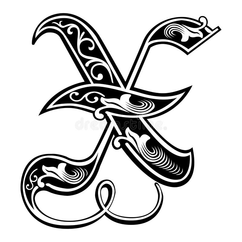 Garnished Gothic style font, letter X vector illustration