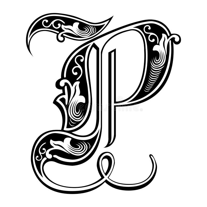 Garnished Gothic style font, letter P