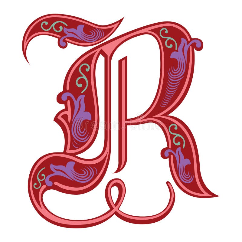 Garnished Gothic style font, letter R