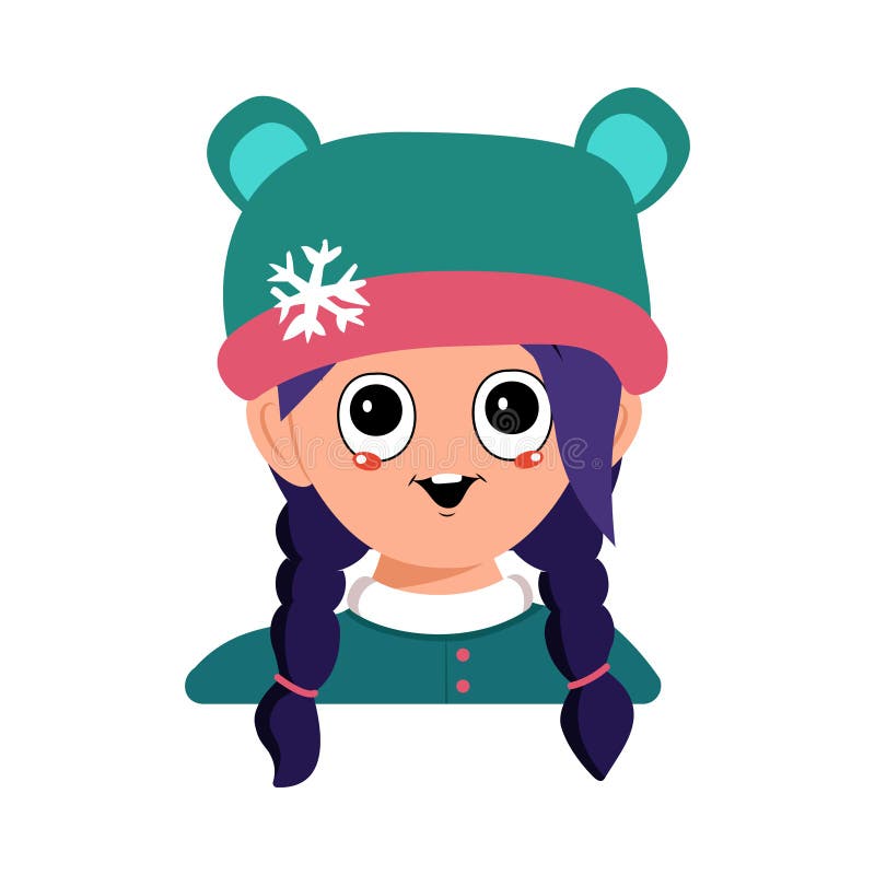 Menina com olhos grandes com óculos e sorriso largo e cabelo preto com  chapéu de urso com floco de neve