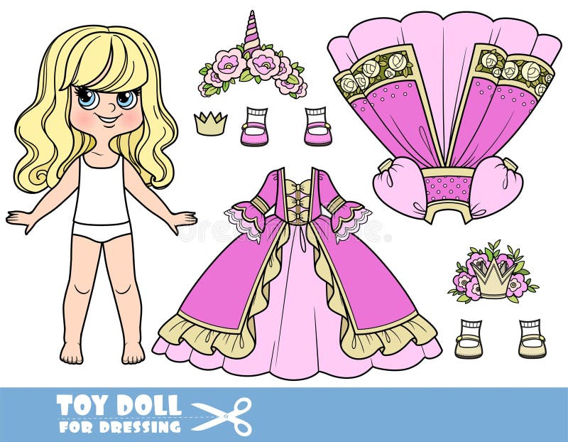 Garota comprida com cabelo ondulado e roupas separadamente princesa rosa elegante vestidos com flores e sandálias ilustração do vetor