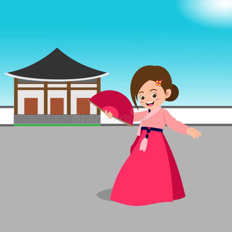 Personagem de garotas kawaii fofas coreanas em ilustração de conjunto de  desenhos animados de vestido hanbok coreano tradicional