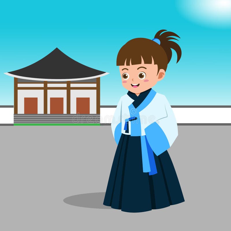 Personagem de garotas kawaii fofas coreanas em ilustração de conjunto de  desenhos animados de vestido hanbok coreano tradicional