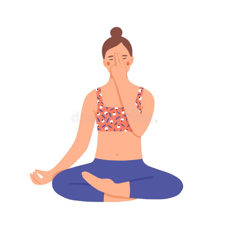 Girl practicing pranayama. Young woman use special breathing technique. Character doing yoga in lotus position. Relaxation and breath control. Colorful vector illustration in flat cartoon style. Girl practicing pranayama. Young woman use special breathing technique. Character doing yoga in lotus position. Relaxation and breath control. Colorful vector illustration in flat cartoon style.