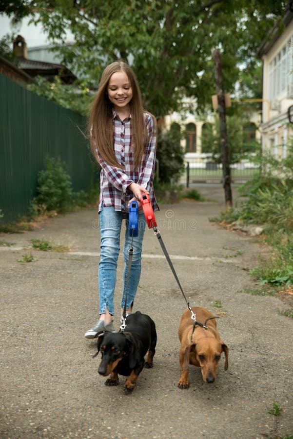 Little girl walks the dogs in the city. Child playing with her dachshund dogs. Pets care, dog sitter. Little girl walks the dogs in the city. Child playing with her dachshund dogs. Pets care, dog sitter.